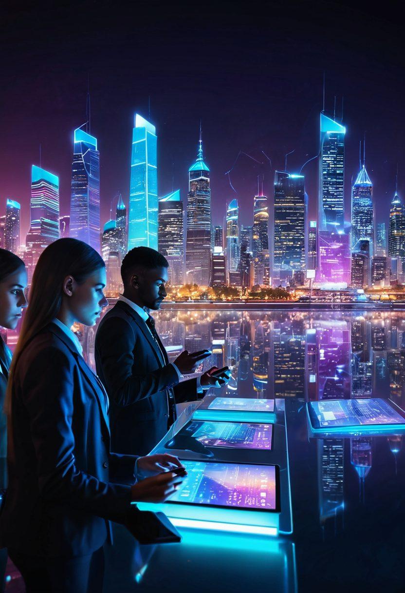 A futuristic city skyline with digital banking interfaces glowing brightly in the foreground, showcasing diverse people using smartphones and holographic displays for banking transactions. The scene should convey innovation and convenience with elements like virtual currencies and biometric security systems, all bathed in vibrant colors. super-realistic. vibrant colors. futuristic style.