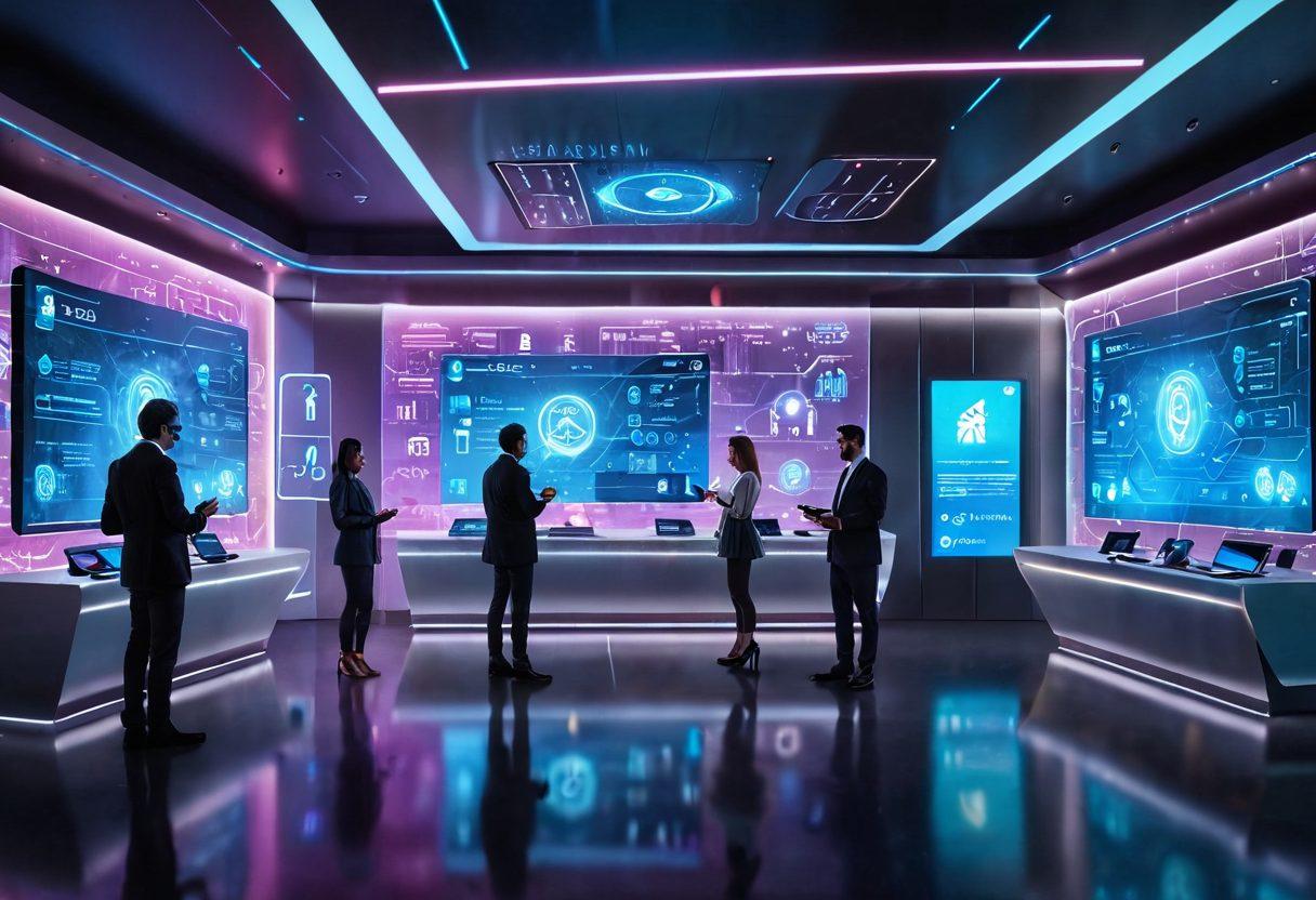 A futuristic bank interior showcasing diverse individuals engaging with advanced banking technology, such as holographic displays and mobile apps, surrounded by digital interfaces and virtual currency symbols. The atmosphere radiates empowerment, collaboration, and innovation, with soft ambient lighting highlighting the modern architecture. super-realistic. vibrant colors. 3D.