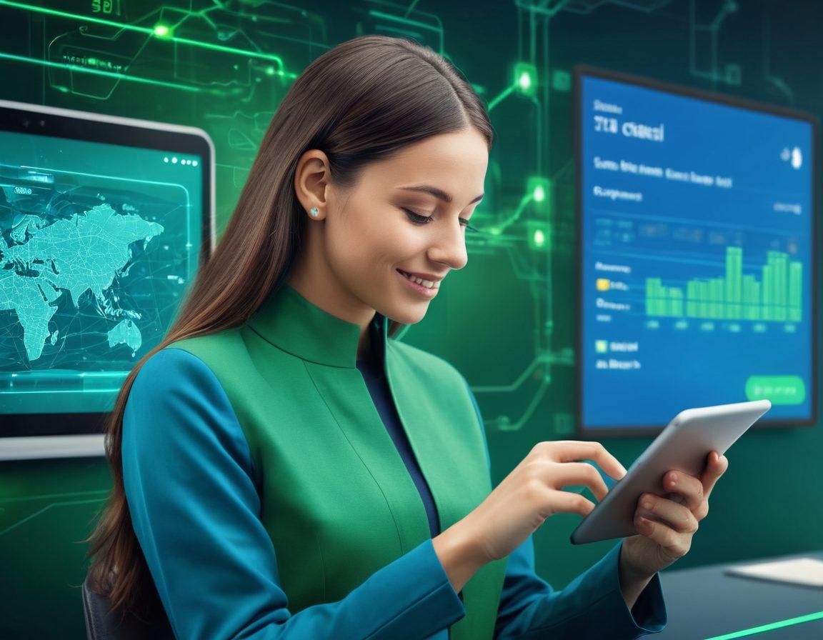A futuristic digital bank interface showcasing seamless online transactions, with a satisfied customer using a tablet while a friendly chat assistant hovers nearby, symbolizing enhanced customer service. Vibrant green and blue colors to represent trust and security, with elements like currencies flowing digitally and notifications popping up. The background features abstract representations of secure networks and technology. super-realistic. vibrant colors.